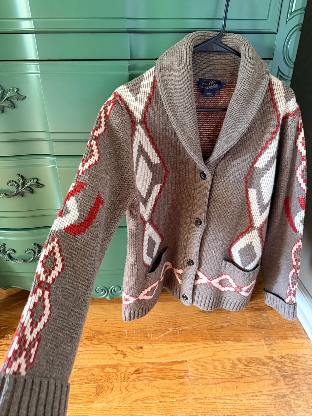 Pendleton Women's Brown Shawl Collar Cardigan with Red and Cream Accents - Picture 3 of 4